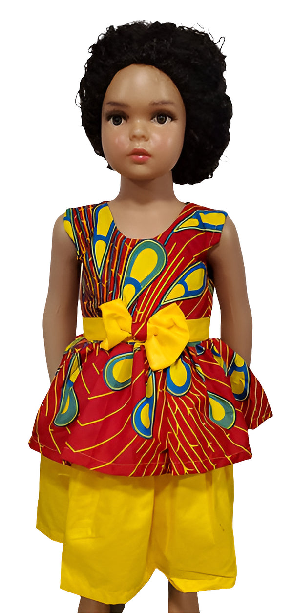 Nova Ankara African Print Baby Girl Dress with Yellow Belt Bow – Handmade