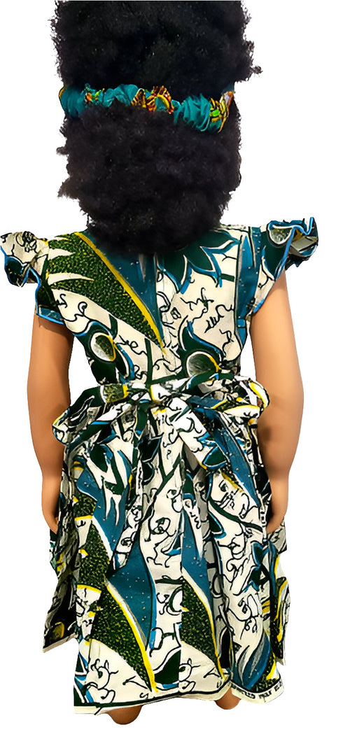 Jaliyah Green and White Floral Ankara Ruffle Sleeve Baby Girl Dress with Waist Tie – Handmade