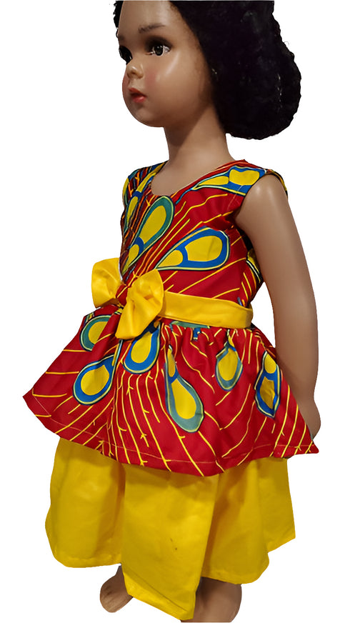 Nova Ankara African Print Baby Girl Dress with Yellow Belt Bow – Handmade