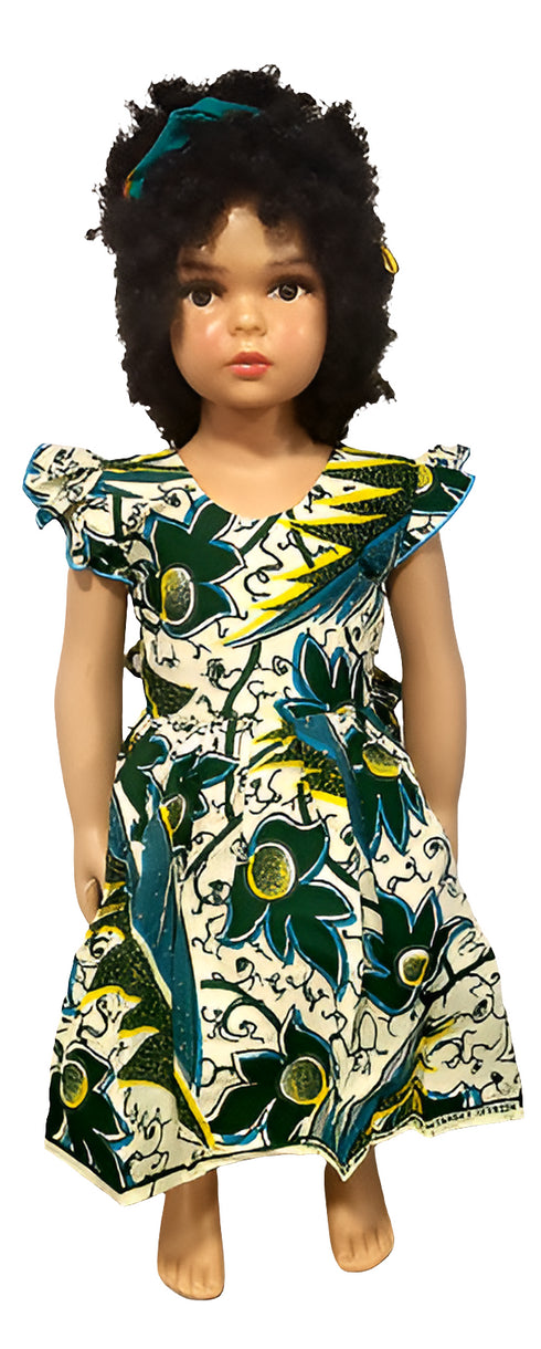 Jaliyah Green and White Floral Ankara Ruffle Sleeve Baby Girl Dress with Waist Tie – Handmade