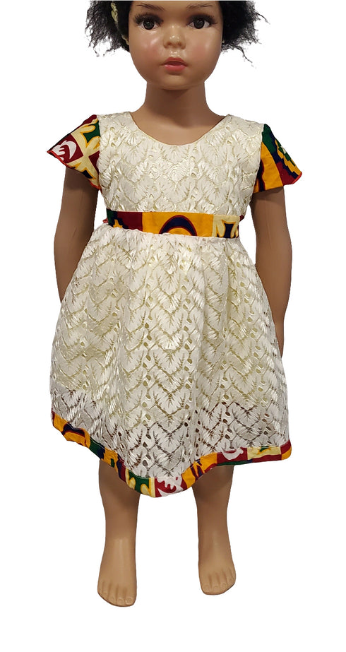 Serenity Lace Baby Girl Dress with African Print Belt – Handmade