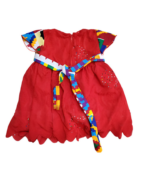 Neriah Lace Kente Sleeve Scallop Hem Baby Girl Dress with Rose Belt – Handmade