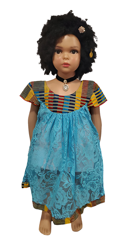 Oforiwaa Blue Lace African Kids Dress with Kente Butterfly Sleeves Baby Girl Dress – White Lining