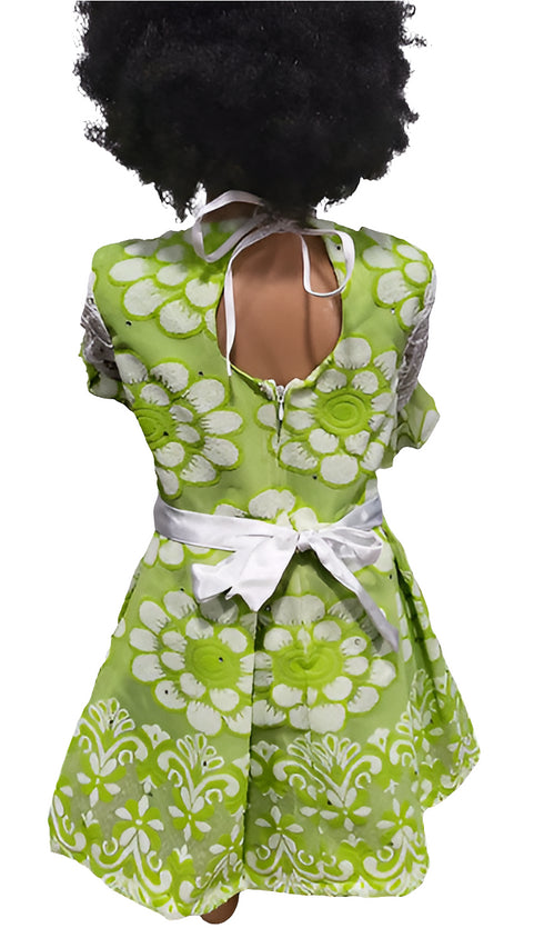 Amosiwaa Green Floral Lace pleated Sleeve Rose Belted Baby Girl Dress – Handmade