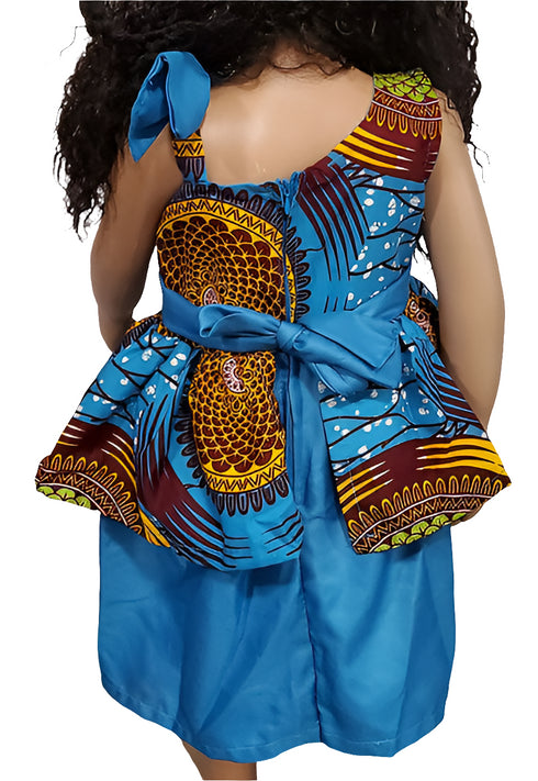 Zendaya Blue and Yellow Ankara Peplum Bow Belted Baby Girl Dress – Handmade