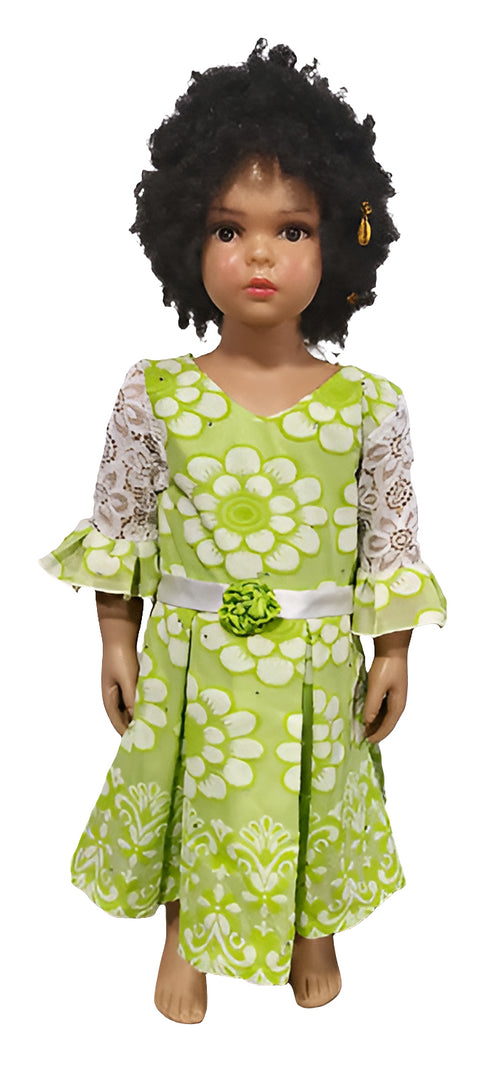 Amosiwaa Green Floral Lace pleated Sleeve Rose Belted Baby Girl Dress – Handmade