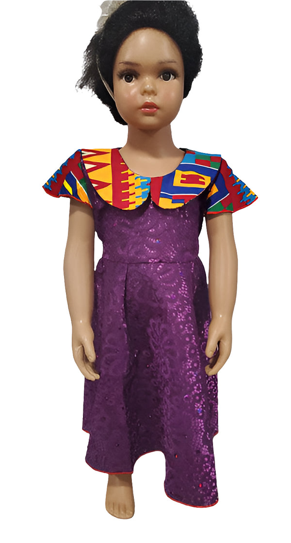 Makena Purple Lace Kente Collar Flare Baby Girl Dress with Waist Belt – Handmade