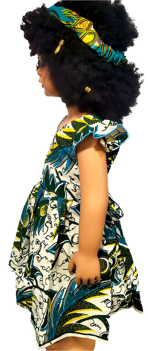 Jaliyah Green and White Floral Ankara Ruffle Sleeve Baby Girl Dress with Waist Tie – Handmade