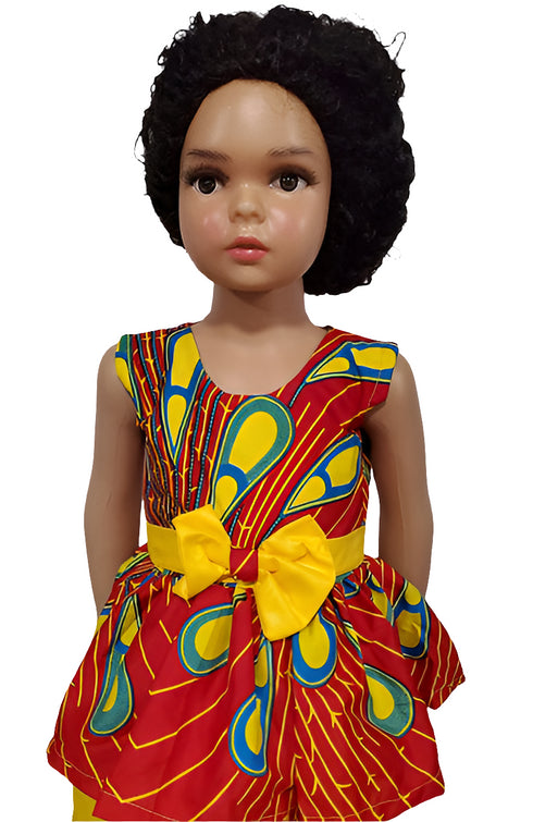 Nova Ankara African Print Baby Girl Dress with Yellow Belt Bow – Handmade