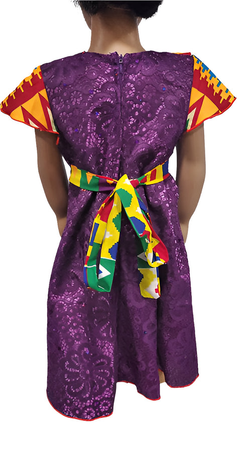 Makena Purple Lace Kente Collar Flare Baby Girl Dress with Waist Belt – Handmade