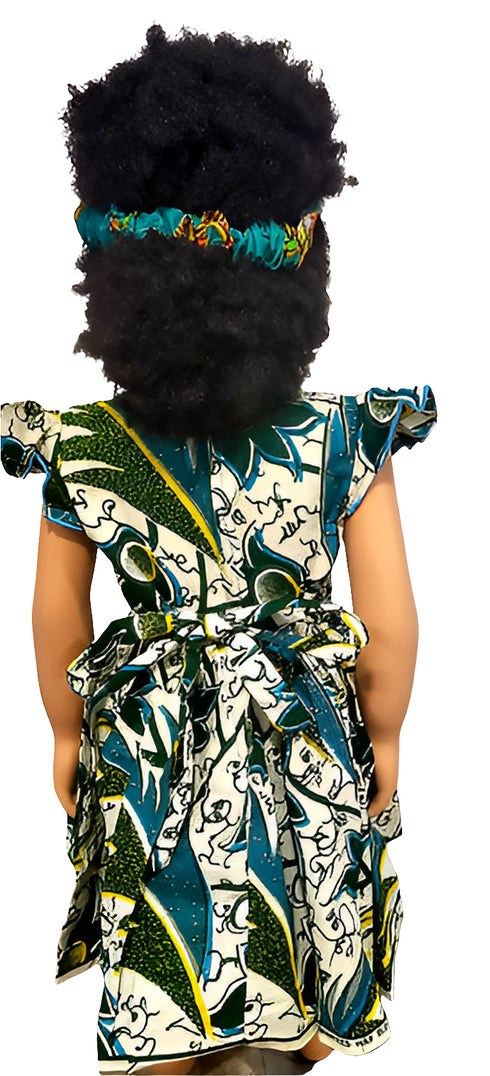 Jaliyah Green and White Floral Ankara Ruffle Sleeve Baby Girl Dress with Waist Tie – Handmade