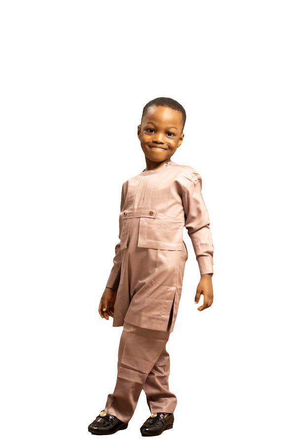 CHINEDU Prestige Handmade African Long-sleeve Senator Outfit Set for boys - Blush Pink Edition