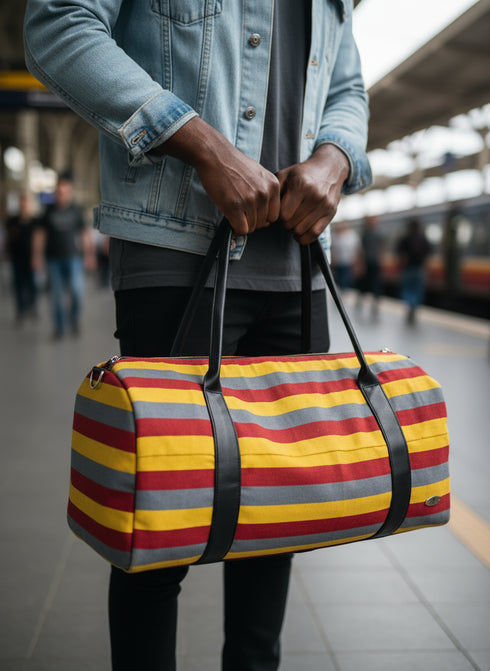 ZUBERI Kente Fugu Aso-Oke Pyramid Duffle Bag – Handmade African Travel Handbag