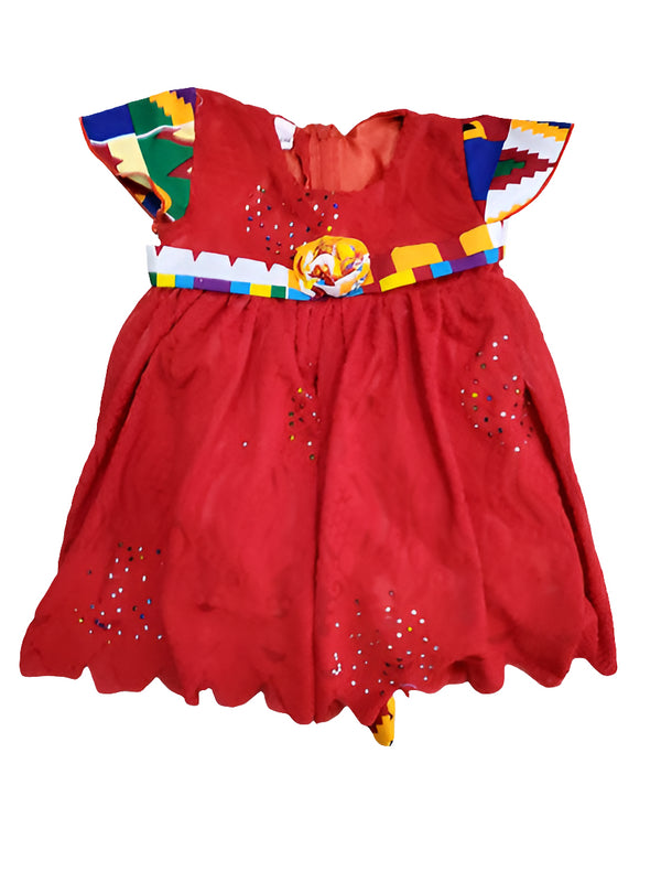 Neriah Lace Kente Sleeve Scallop Hem Baby Girl Dress with Rose Belt – Handmade