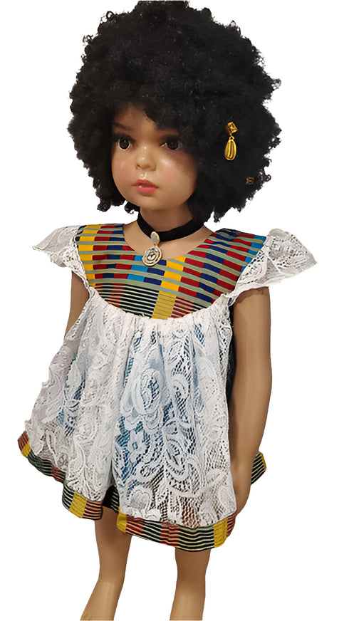Oforiwaa White Lace African Kids Dress with Blue Kente Butterfly Sleeves Girl Dress – Maternity Style