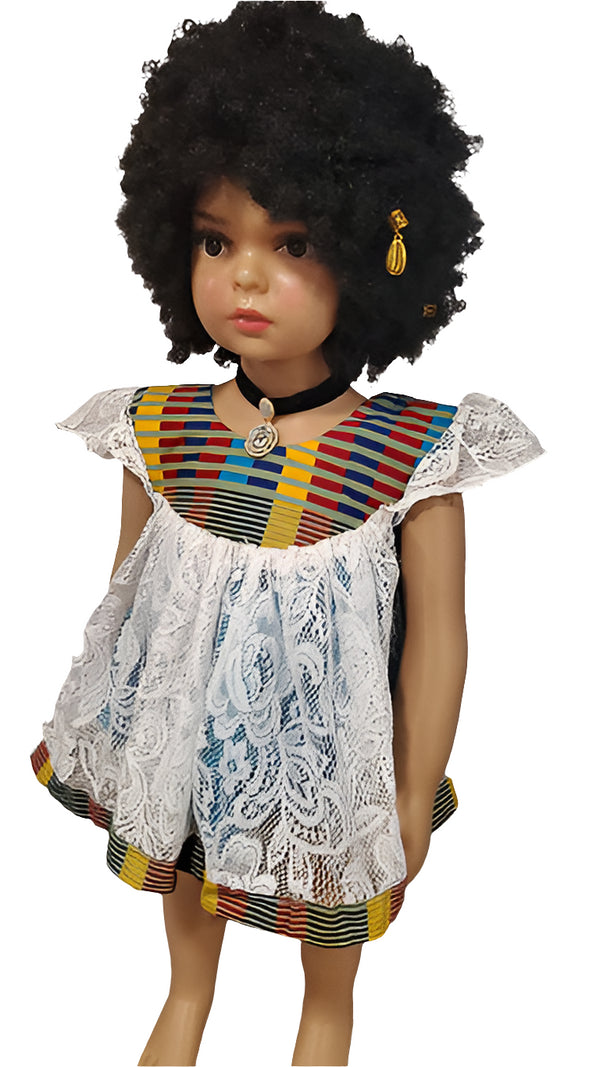 Oforiwaa White Lace African Kids Dress with Blue Kente Butterfly Sleeves Girl Dress – Maternity Style