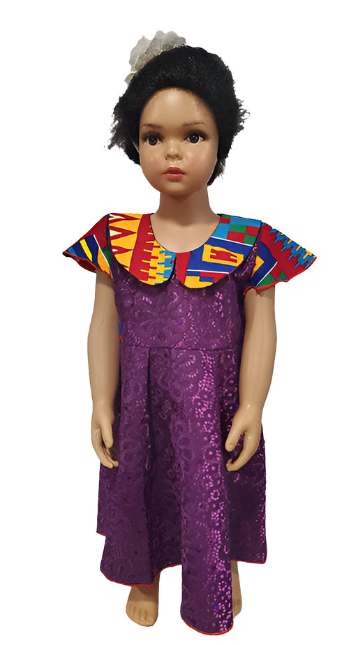 Makena Purple Lace Kente Collar Flare Baby Girl Dress with Waist Belt – Handmade