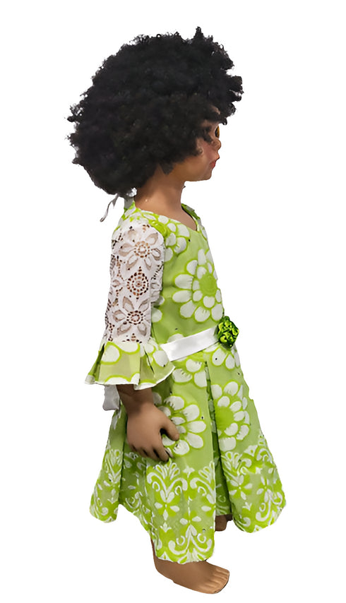 Amosiwaa Green Floral Lace pleated Sleeve Rose Belted Baby Girl Dress – Handmade