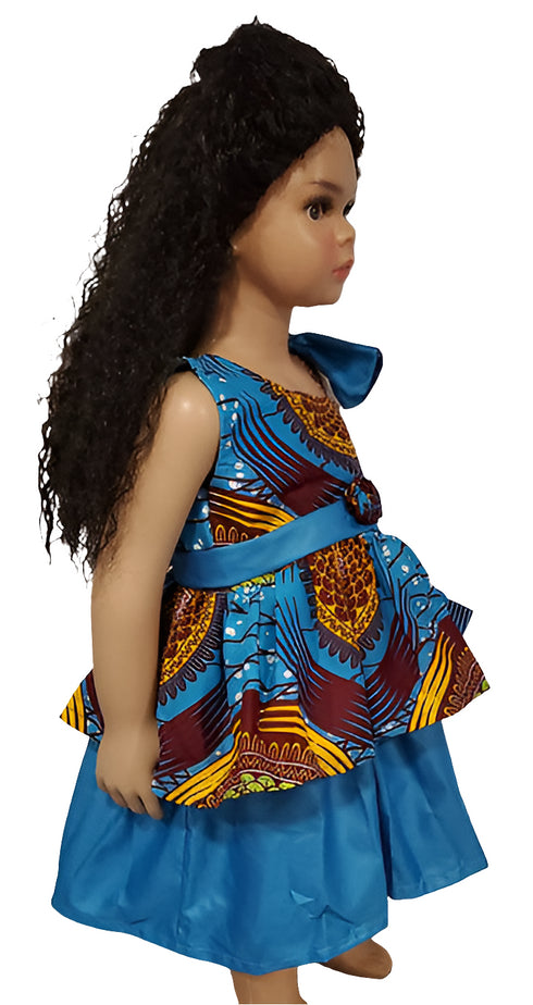 Zendaya Blue and Yellow Ankara Peplum Bow Belted Baby Girl Dress – Handmade