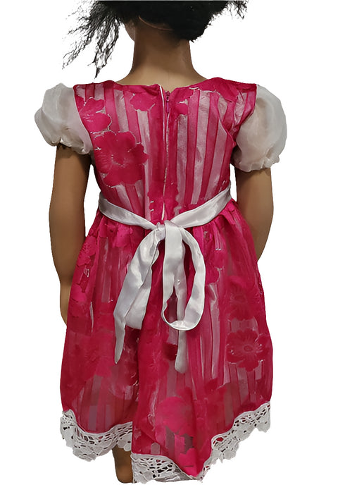 Destiny Pink Flowered Short Sleeve Organdi Lace Baby Girl Dress with Waist Trim – Handmade