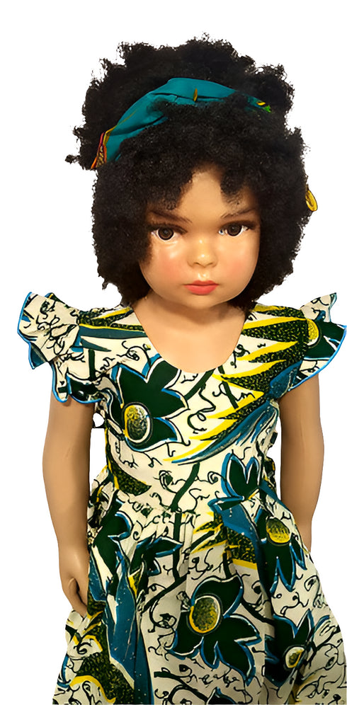 Jaliyah Green and White Floral Ankara Ruffle Sleeve Baby Girl Dress with Waist Tie – Handmade