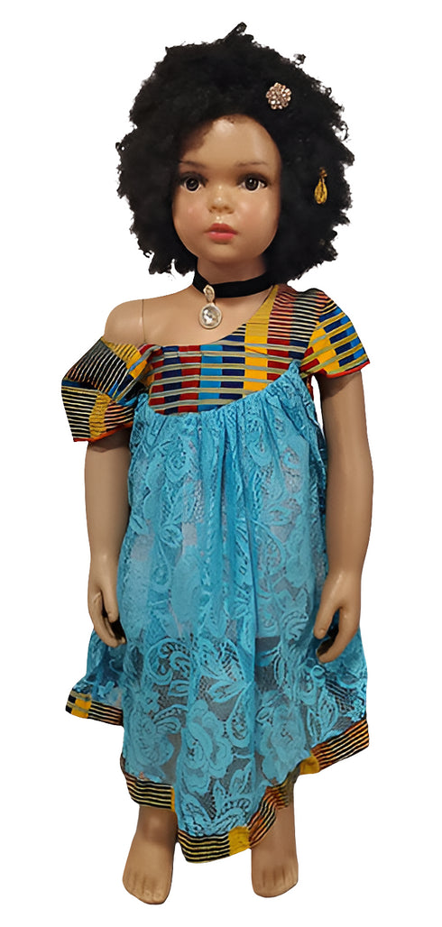 Oforiwaa Blue Lace African Kids Dress with Kente Butterfly Sleeves Baby Girl Dress – White Lining