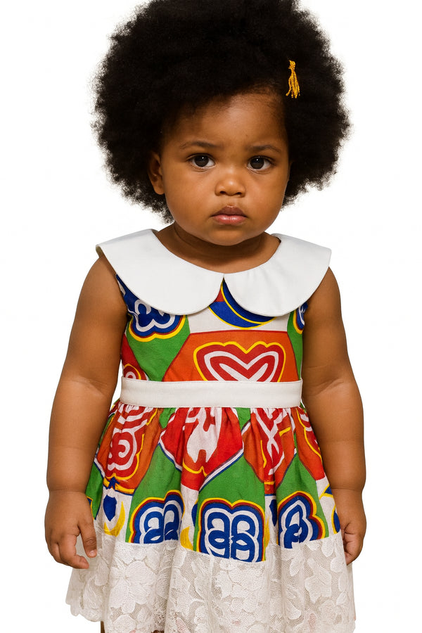 Zahlia Joy Ankara African Print Baby Girl Dress with Lace Overlay & Cotton Collar