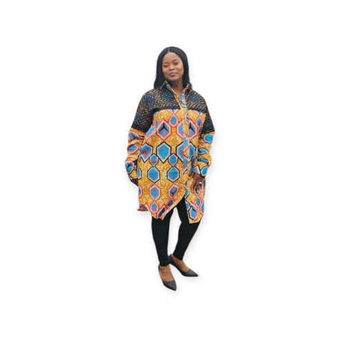 Adubea Women African Print Ankara Lace Midi Shirt Dress