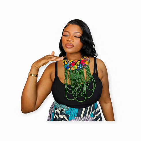 Regal Cascade Buttoned Beadwork Ankara Necklace – African Statement Choker- Medium