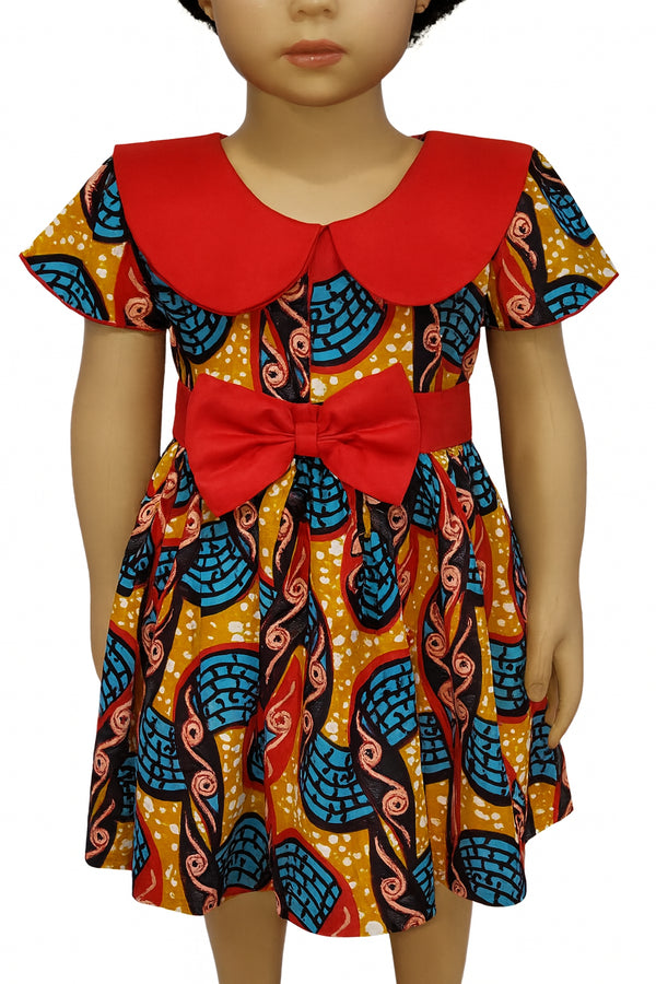 Ariyah Ankara African Print Red Collar Bow Baby Girl Dress with Waist Belt – Handmade