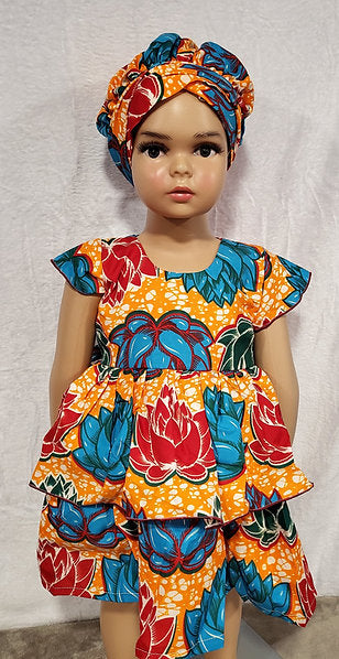 Nyame-Dei Two Sister Butterfly sleeve African Print Girl Dress.
