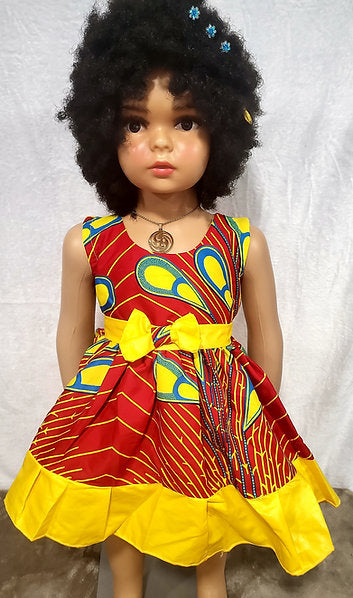 Nia Ankara African Print Baby Girl Dress with Yellow Bow – Handmade