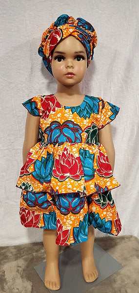 Nyame-Dei Two Sister Butterfly sleeve African Print Girl Dress.