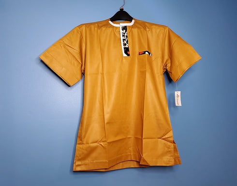 SARPONG Men's Short Sleeve Cotton Shirt – Dark Yellow with Batik Accent