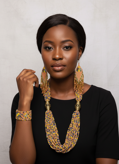 KALAMA Handmade Multicolor Seed Bead Necklace, Bracelet, and Chandelier Earring 3-Piece Set with Antique Accents – African Statement Jewelry