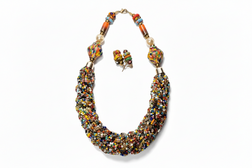 NALINI woven seed bead African statement necklace set