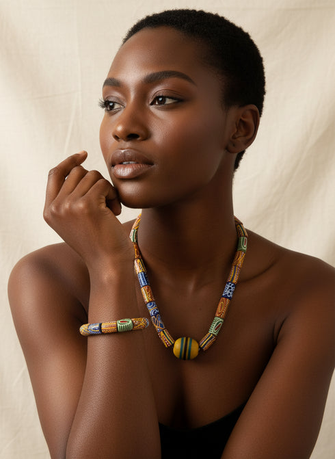 Nii Unisex African bead necklace and bracelet set