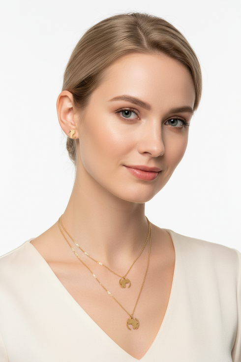 African Continent Globe Set -  Adinkra Necklace & Earrings Set Stainless Steel