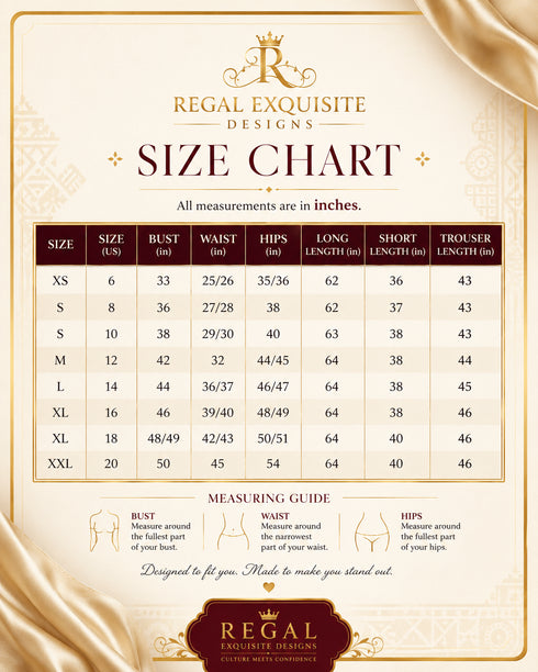A size chart graphic for Regal Exquisite Designs, displaying a size table from XS to XXL with measurements in inches, plus a measuring guide and decorative gold ribbon borders on a cream background.