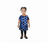 A young child standing against a plain white background, wearing a short-sleeve blue dress with a geometric hexagon pattern and orange trim, paired with black leggings.