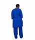 A man viewed from behind wearing a bright royal blue traditional outfit consisting of a long coat and matching trousers, standing in front of a black-and-white striped wall. Large text overlays show a price of N40,000 and a WhatsApp contact, with social-style interface icons visible on the screenshot.