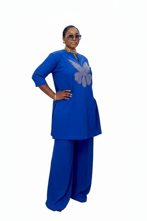 AZURIA Royal Luxe Stoned Butterfly Crystal Embellished High Quality Crepe Pants and Top Set
