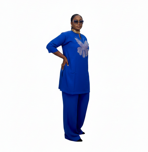 AZURIA Royal Luxe Stoned Butterfly Crystal Embellished High Quality Crepe Pants and Top Set