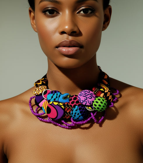 AfriChic Button and Beadwork Ankara Necklace