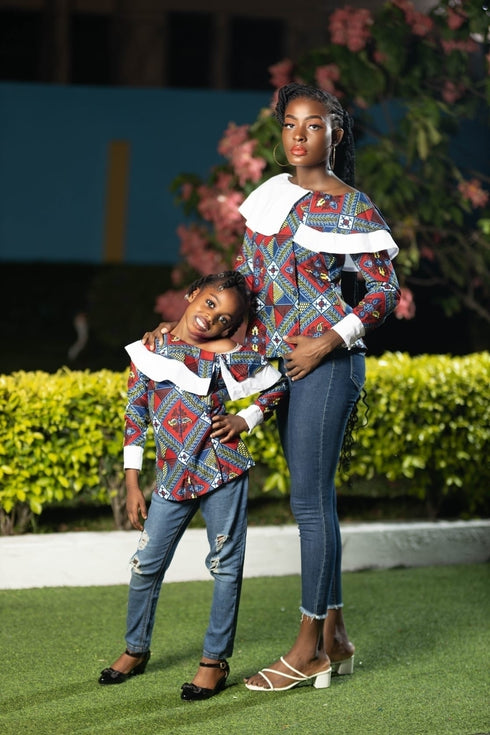 Amogelang Women’s Ankara Patchwork Blouse with White Ruffle Detail – Elegant African Print Top Only