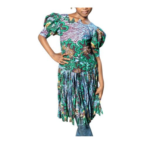 Aveline Girls Ankara Blouse with Puff Sleeve and Pleated Drop-Hem – African Print Statement Top for Modern Girl.