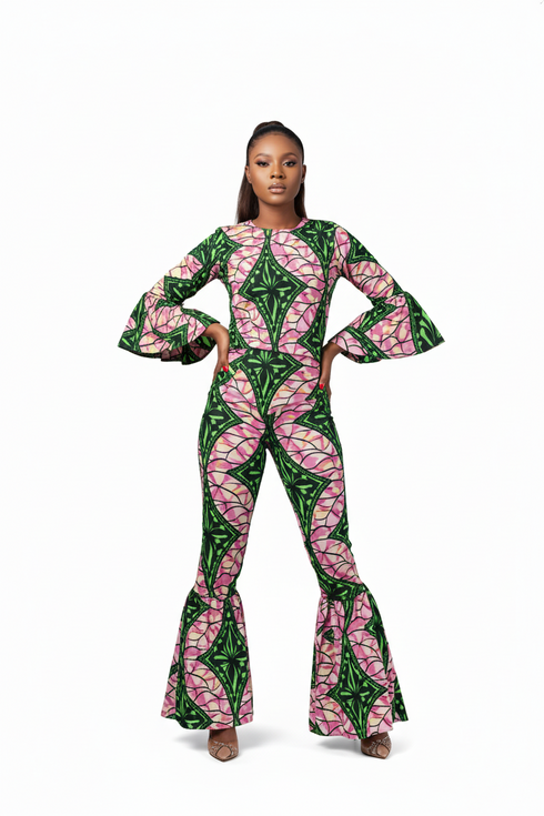 Busola Women Ankara Two-piece with Bell Sleeves and Flared Hem