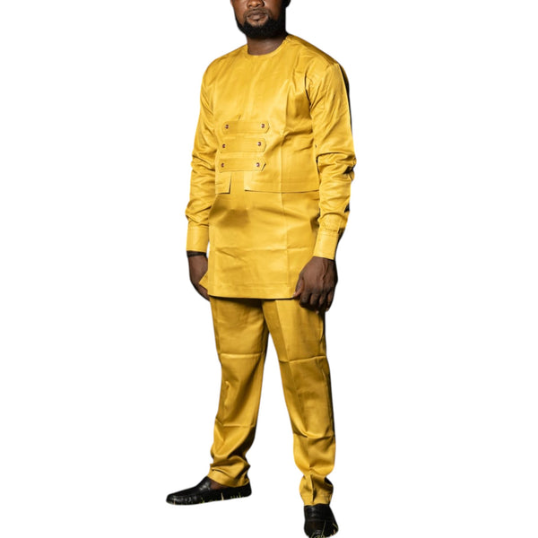 CHINEDU Prestige African Long-sleeve Men's Senator Outfit Set -  Royal Gold Edition