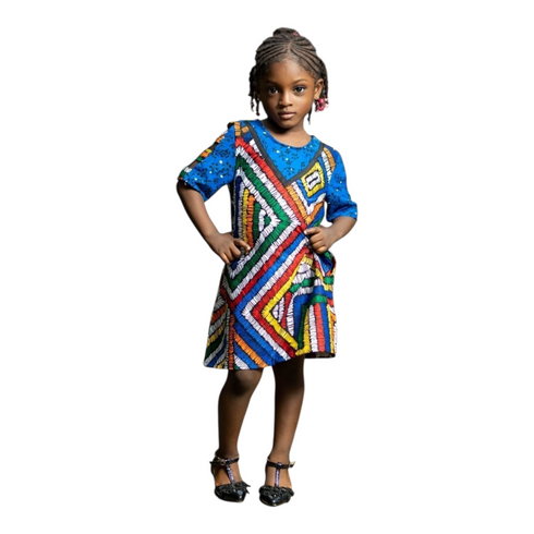 Calythea Girls Color-Block Geo Ankara Shift Dress with Embellished Yoke – Vibrant Mother’s African Elegance