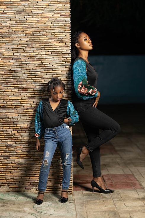 Chisomo Girl's Black Velvet V-Neck Blouse with Ankara Balloon Sleeves – Elegant African Print Top Only